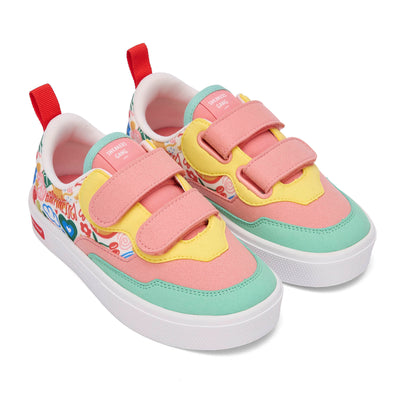 Kindersneakers Rosa Grün Gelb Kunst-Blumen-Aufdruck Doppelklettverschluss Hello Hossy