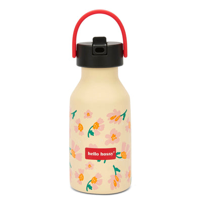 Trinkflasche Kind Beige Blumen-Motiv roter Tragegriff schwarzer Deckel Hello Hossy