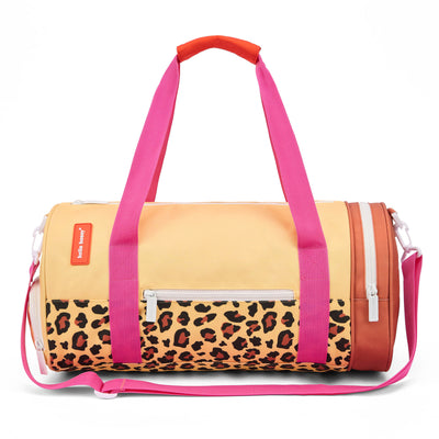Sporttasche Kind Beige Leopard-Aufdrucke Reißverschlusstaschen Rosa Tragegriffe Hello Hossy