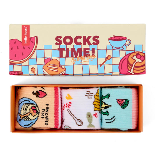 Pack de 3 paires de chaussettes pour enfant motif nourriture dans leur coffret – vue du dessus