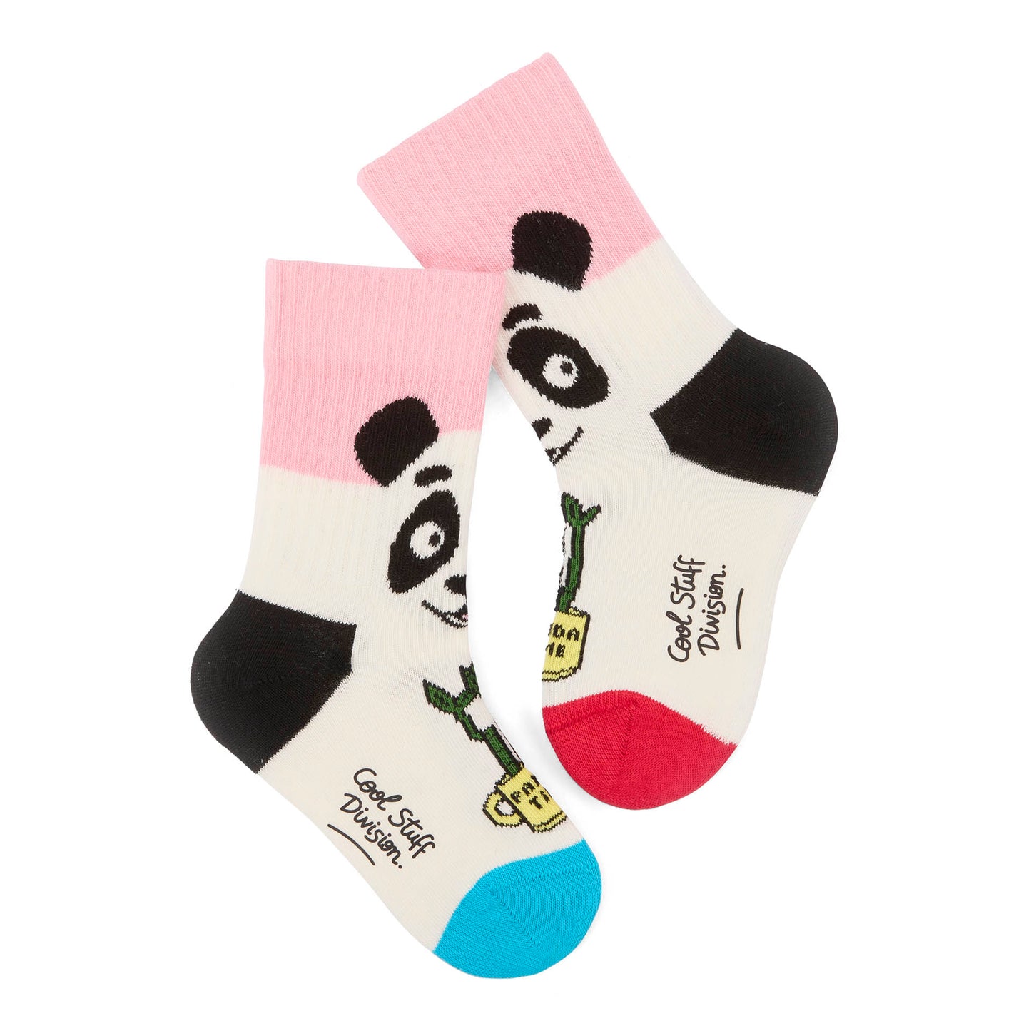Paire de chaussettes blanche pour enfant motif panda, talons et pointes contrastés rouge et bleu – vue à plat