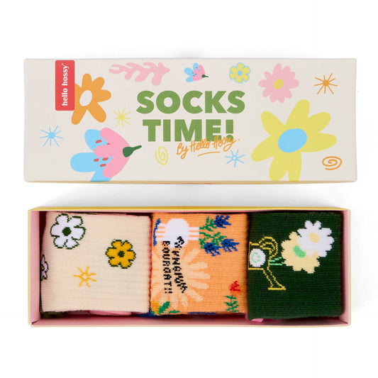 Pack de 3 paires de chaussettes pour enfant à motifs fleurs dans leur coffret – vue du dessus