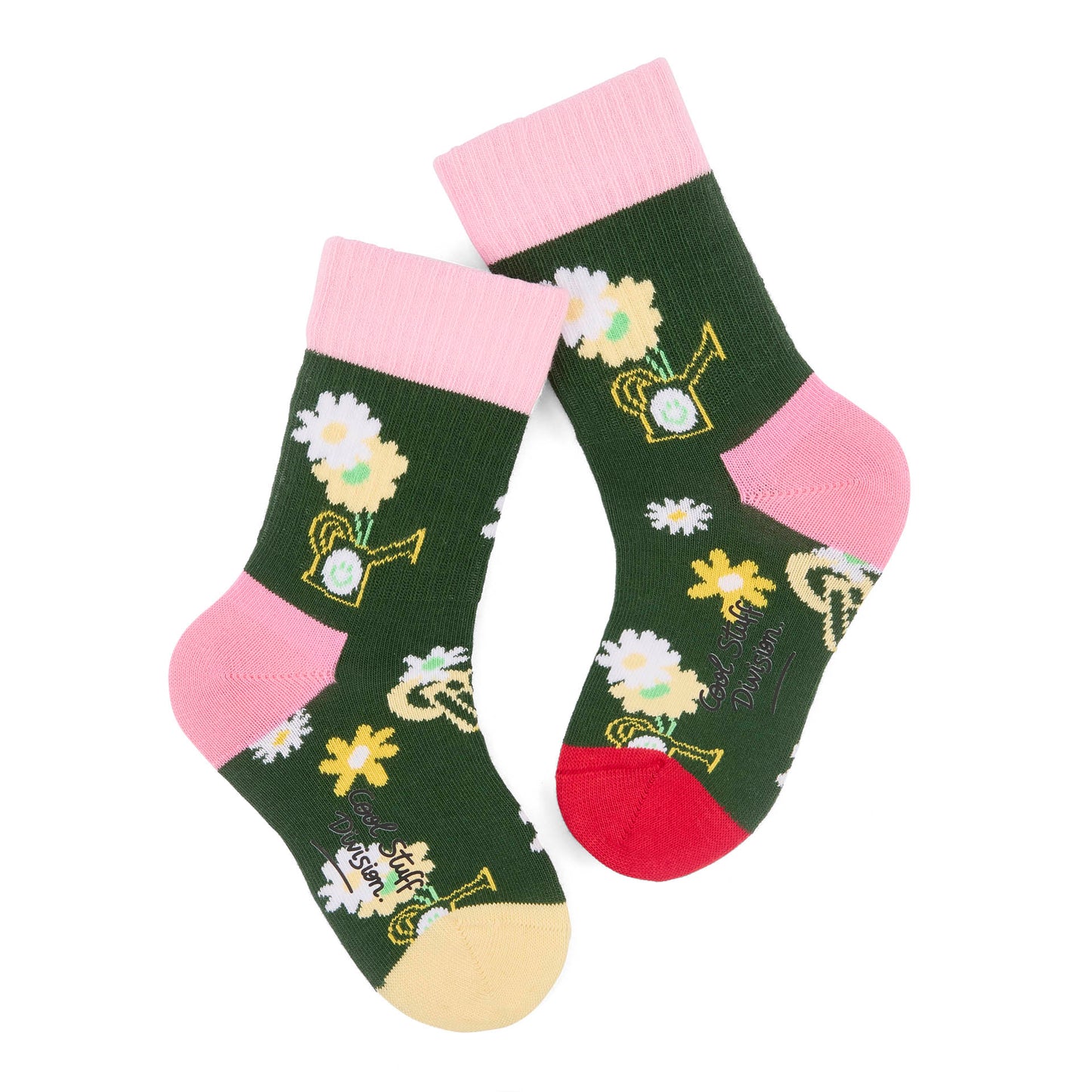 Paire de chaussettes verte pour enfant avec motifs fleurs et arrosoirs, haut de tige rose – vue à plat