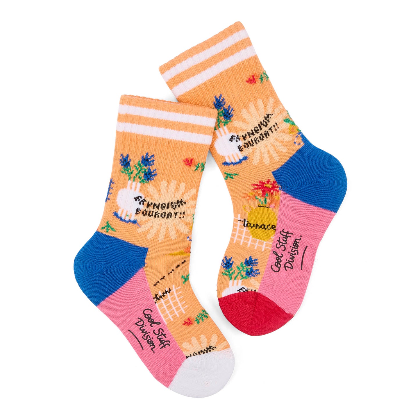 Paire de chaussettes pour enfant imprimée fleurs, talons et pointes contrastés rouge et blanc, haut de tige à rayures blanches – vue à plat