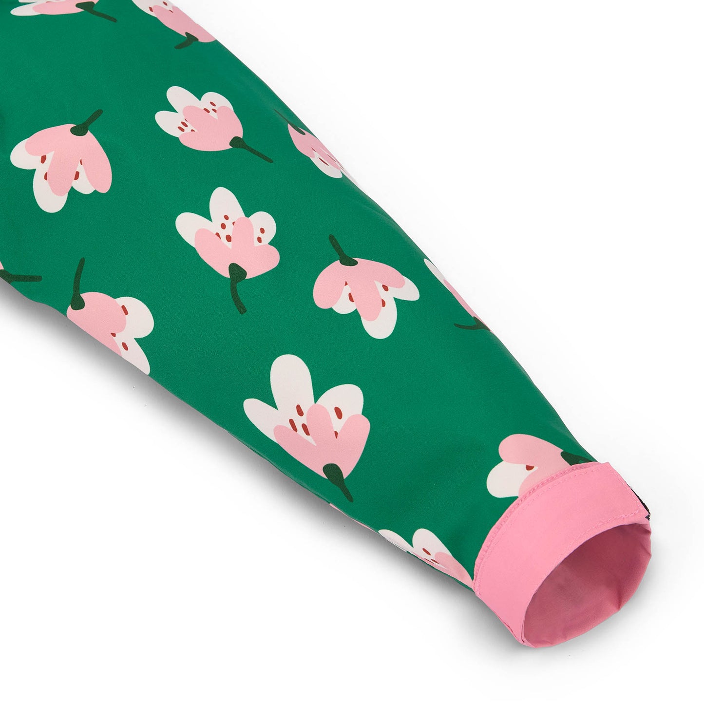 Ärmel des Kinder-Regenponchos grün mit Blumen-Aufdruck, rosa Bündchen Hello Hossy