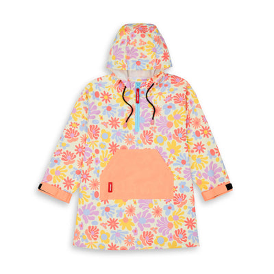 Wasserdichter Regenponcho mit Kapuze Retro Flowers für Kinder – flach liegend, Vorderansicht