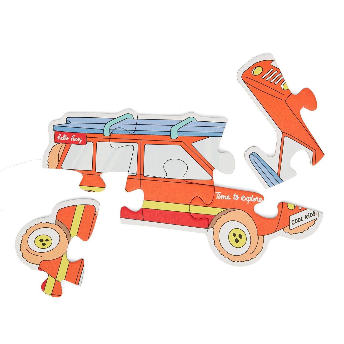 Puzzle évolutif pour enfant Hello Hossy "Just Enjoy", forme voiture, partiellement assemblé – vue à plat – fond blanc