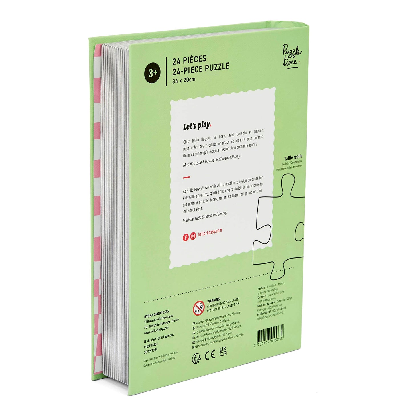 Puzzle pour enfant Hello Hossy au format livre – 24 pièces – dos illustré avec message de marque – vue arrière