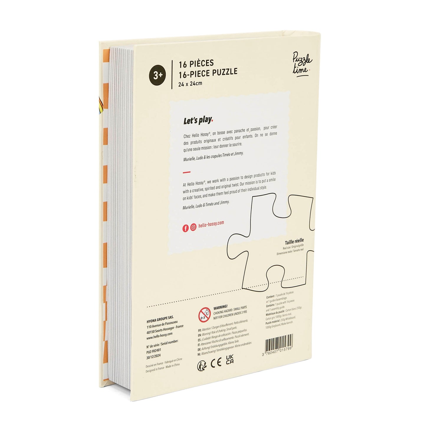 Puzzle pour enfant Hello Hossy au format livre – 16 pièces – dos illustré avec message de marque – vue arrière