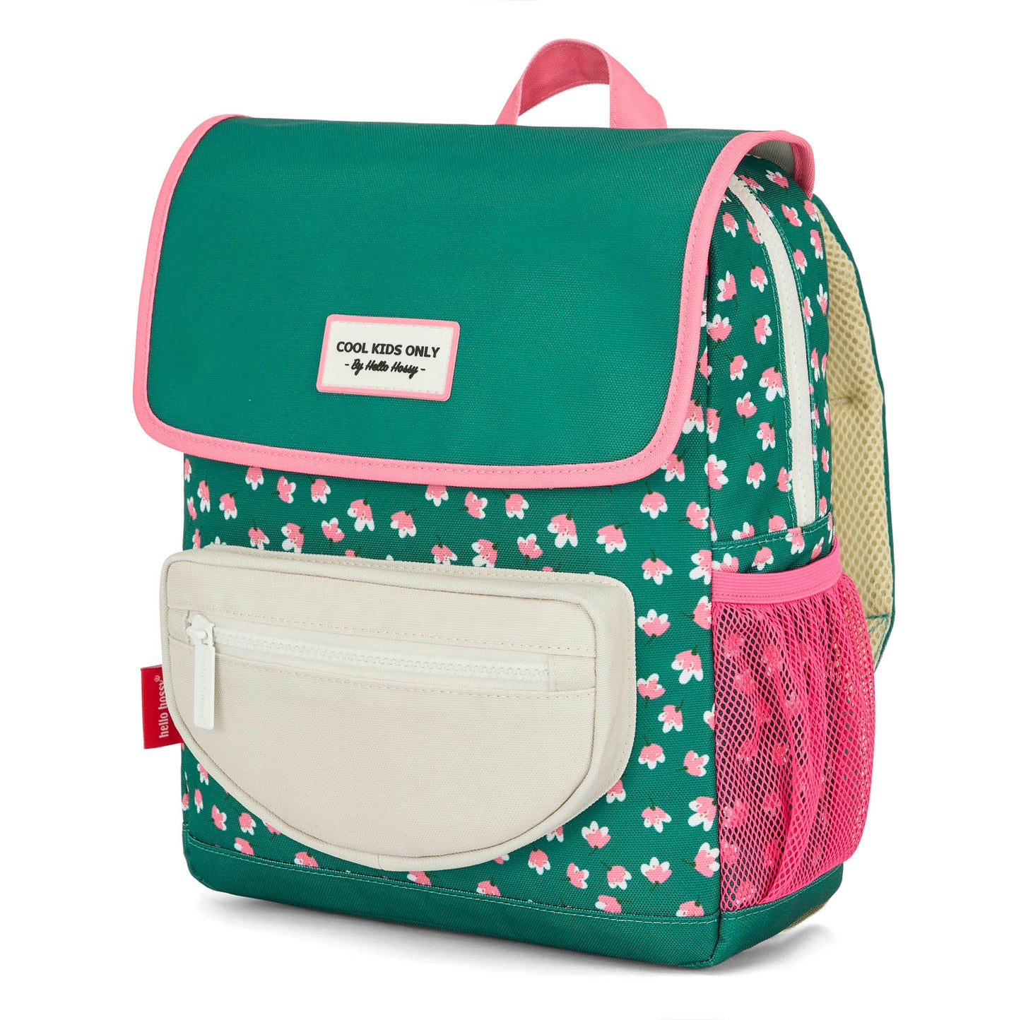 Sac à dos enfant vert imprimé fleurs roses poches blanches Hello Hossy