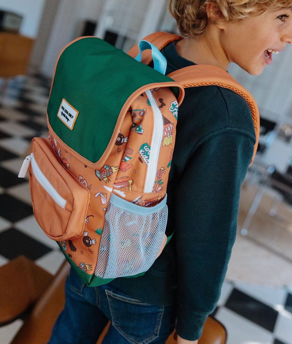 Sac à dos enfant marron imprimé musique poche filet Hello Hossy