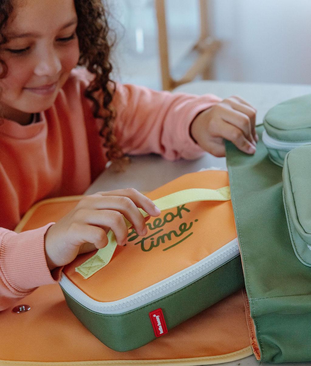 Sac goûter enfant vert orange inscription Break Time Hello Hossy