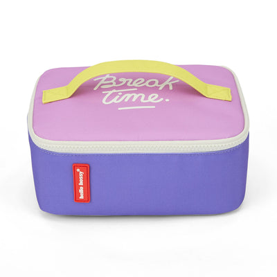 Lunchtasche Kind Violett und Rosa Tragegriff Gelb weißer Text Hello Hossy