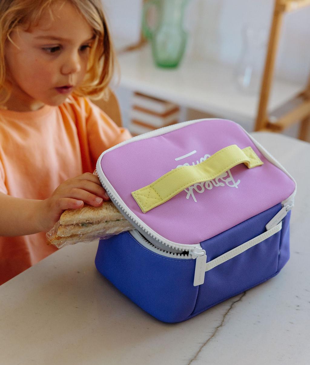 Sac repas enfant violet détail jaune forme carré Hello Hossy