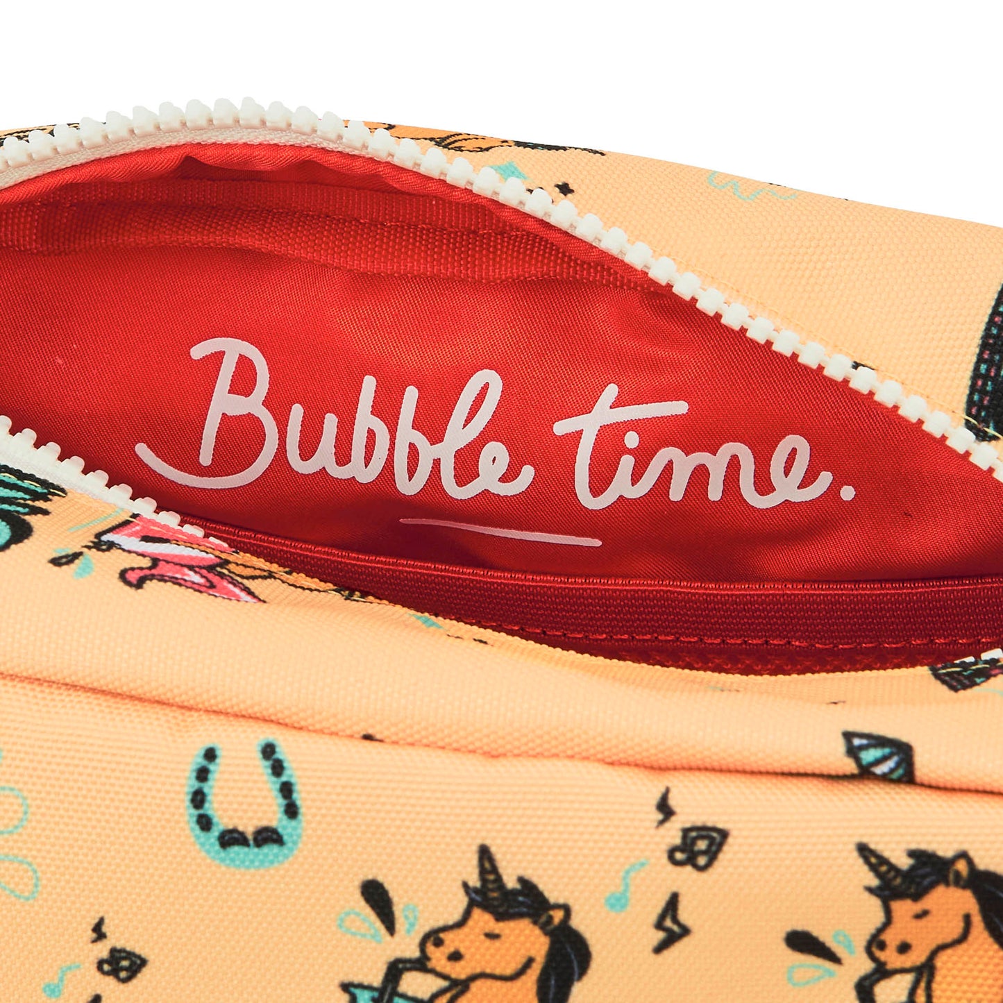 Trousse de toilette enfant imprimé licornes fond pêche ouverture zip rouge Hello Hossy