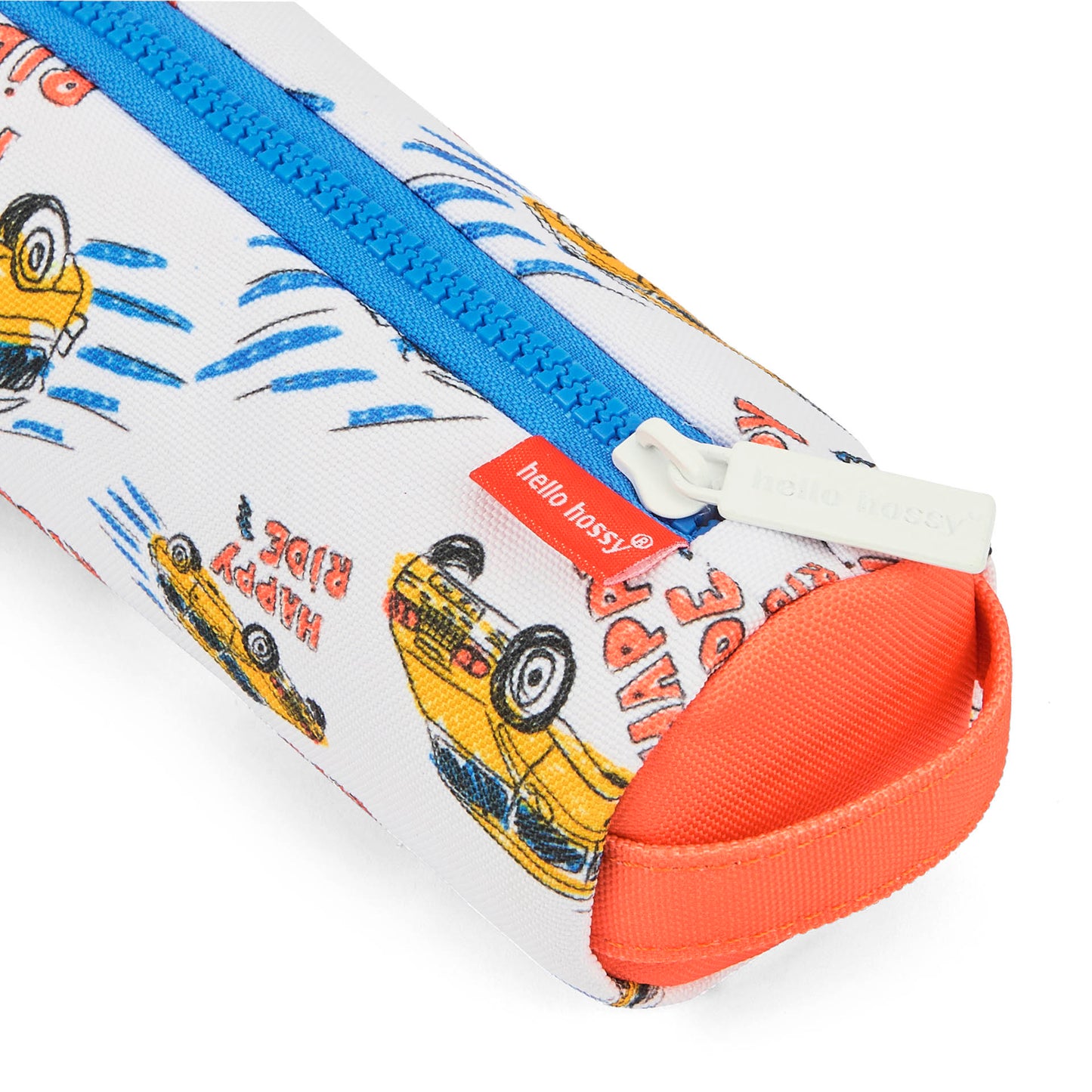 Trousse scolaire enfant blanc orange motif voitures fermeture bleue Hello Hossy