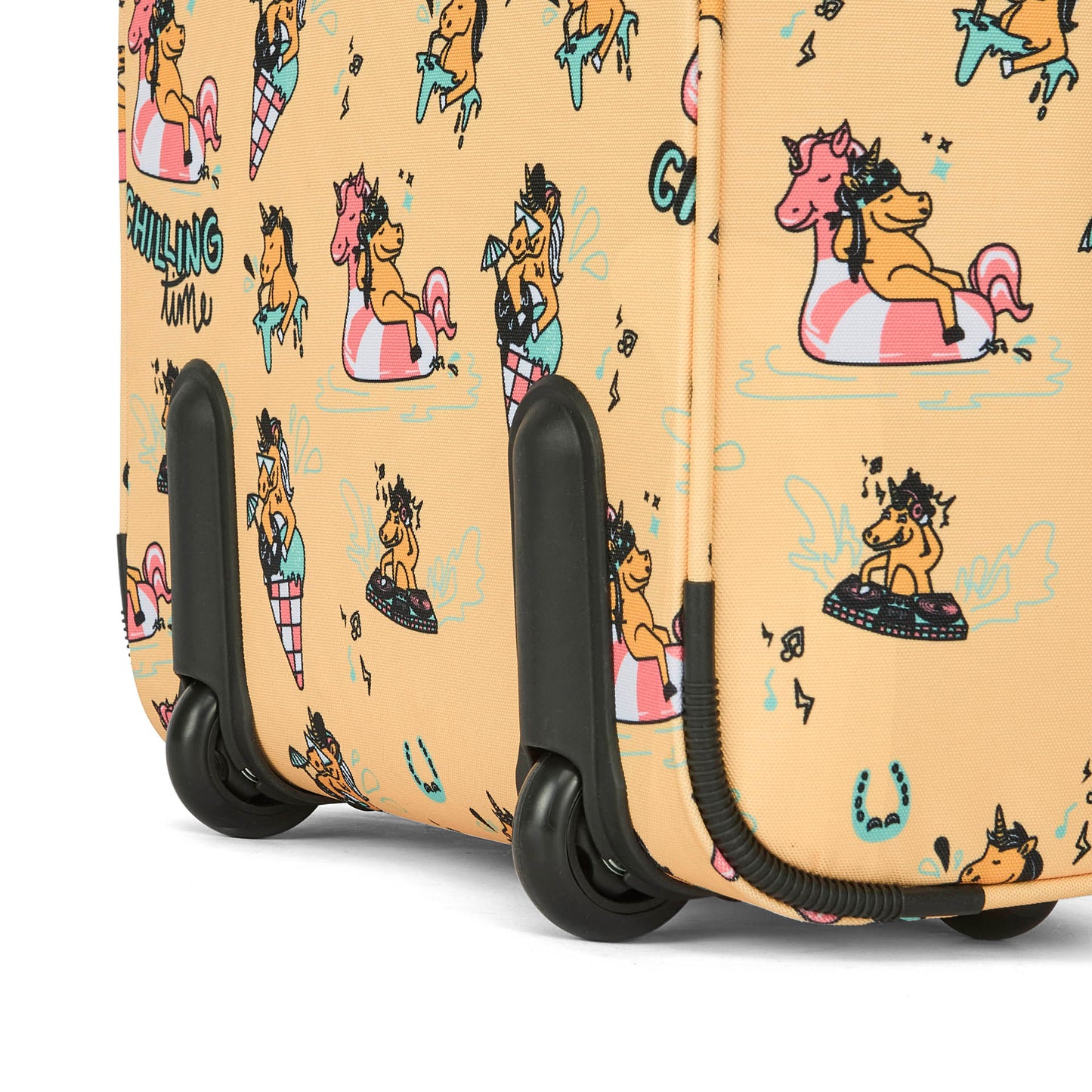 Valise enfant jaune imprimé licornes multicolores roues et coins renforcés Hello Hossy