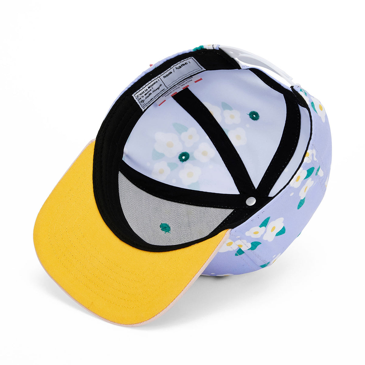Kinder-Cap mit violettem Blumenaufdruck, flachem Schirm in gelb – Hello Hossy