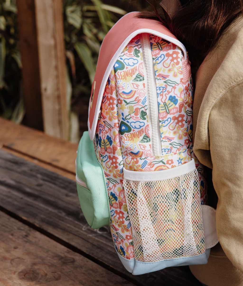Kinder-Rucksack Weiß Rosa Blumen-Muster Netztasche Hello Hossy