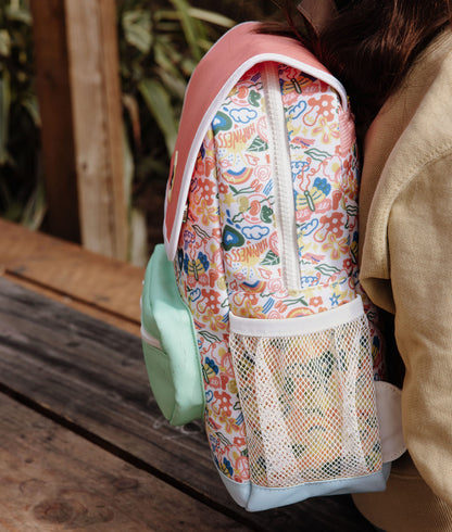 Kinder-Rucksack Weiß Rosa Blumen-Muster Netztasche Hello Hossy