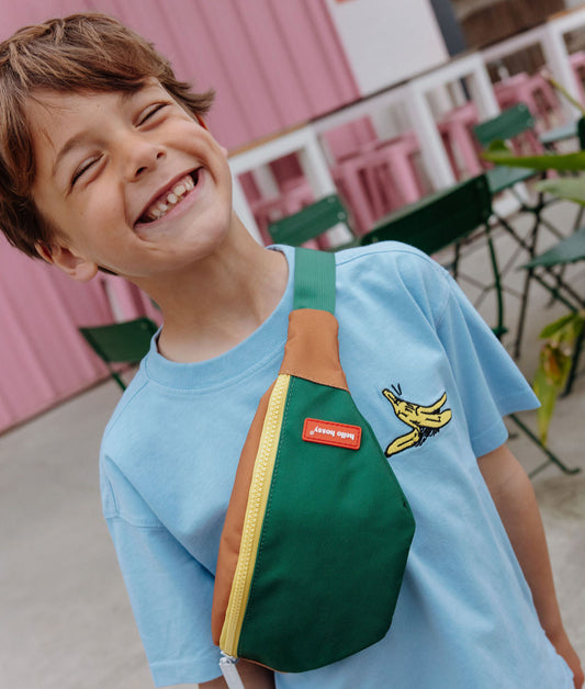 Sac banane enfant vert marron zip jaune Hello Hossy