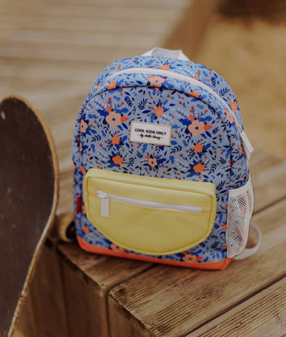 Sac à dos enfant bleu motif fleurs poche jaune Hello Hossy
