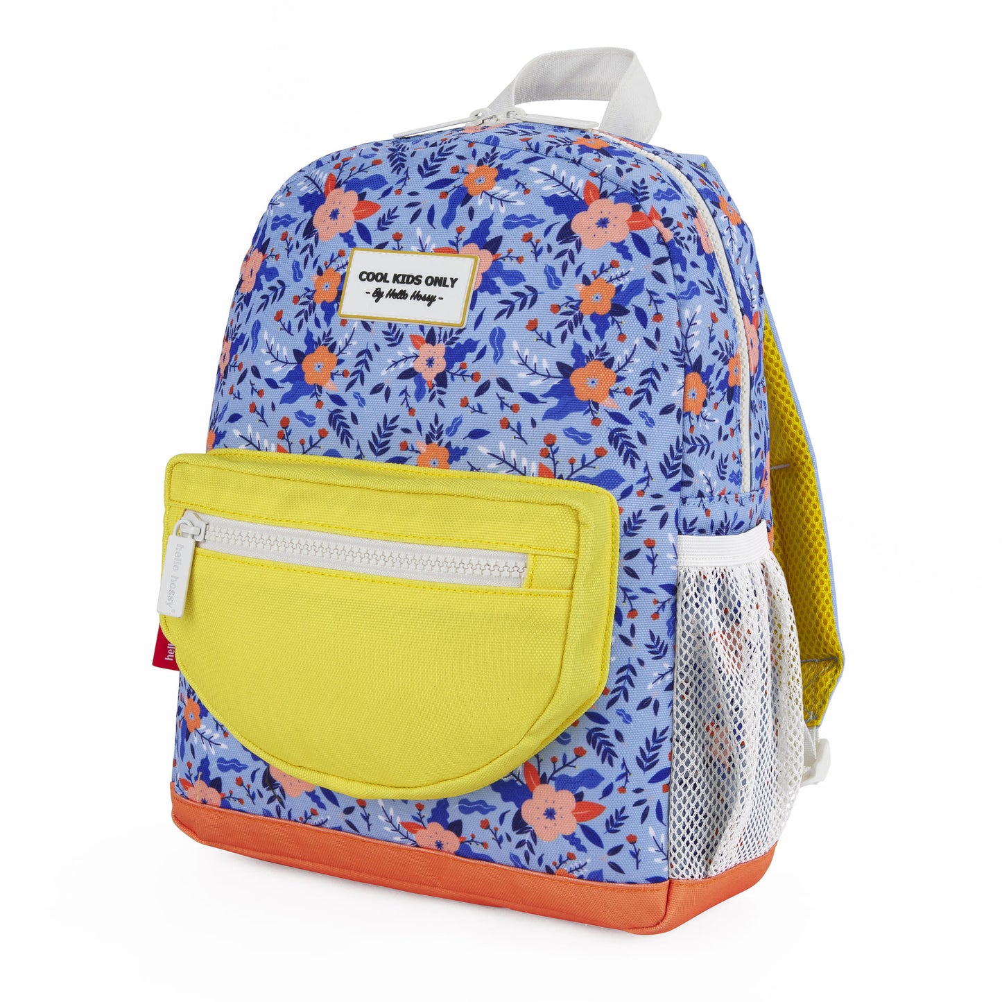 Sac à dos enfant bleu motif fleurs poche jaune filet blanc Hello Hossy