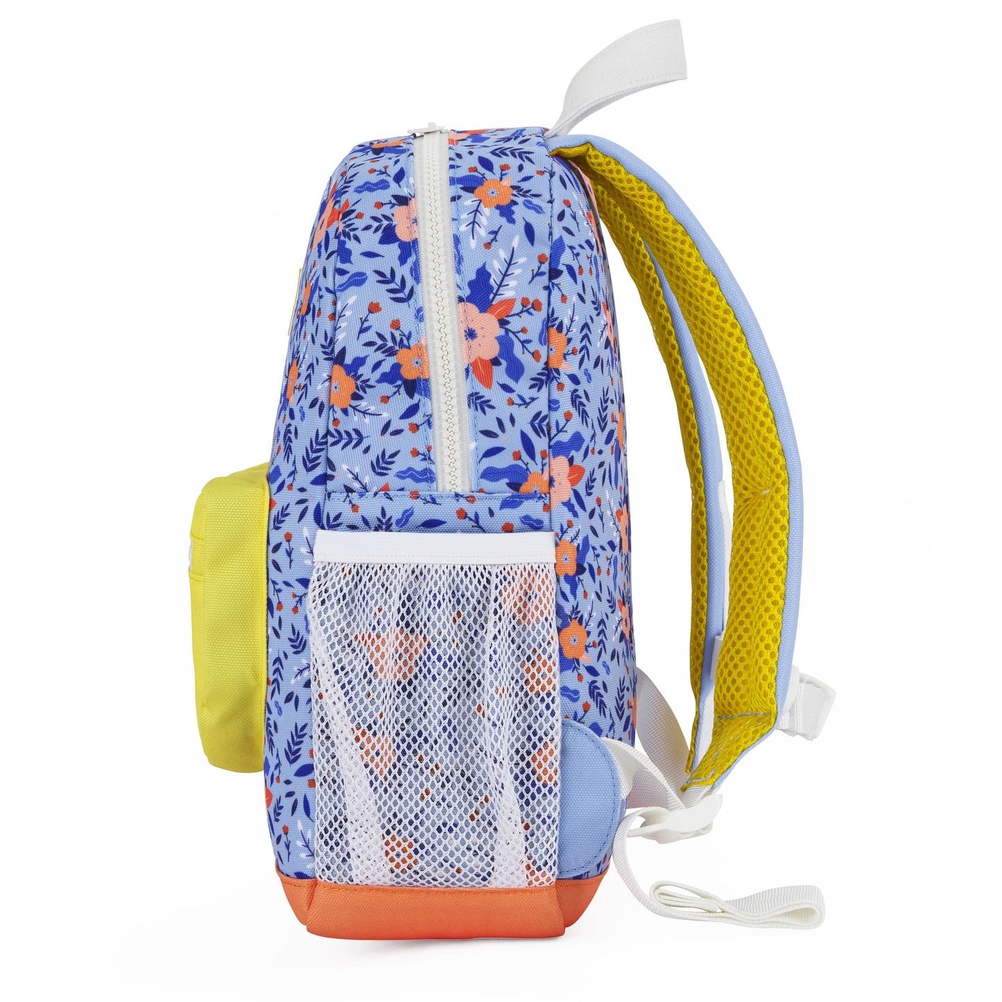 Sac à dos enfant bleu motif fleurs poche filet blanche détail orange Hello Hossy