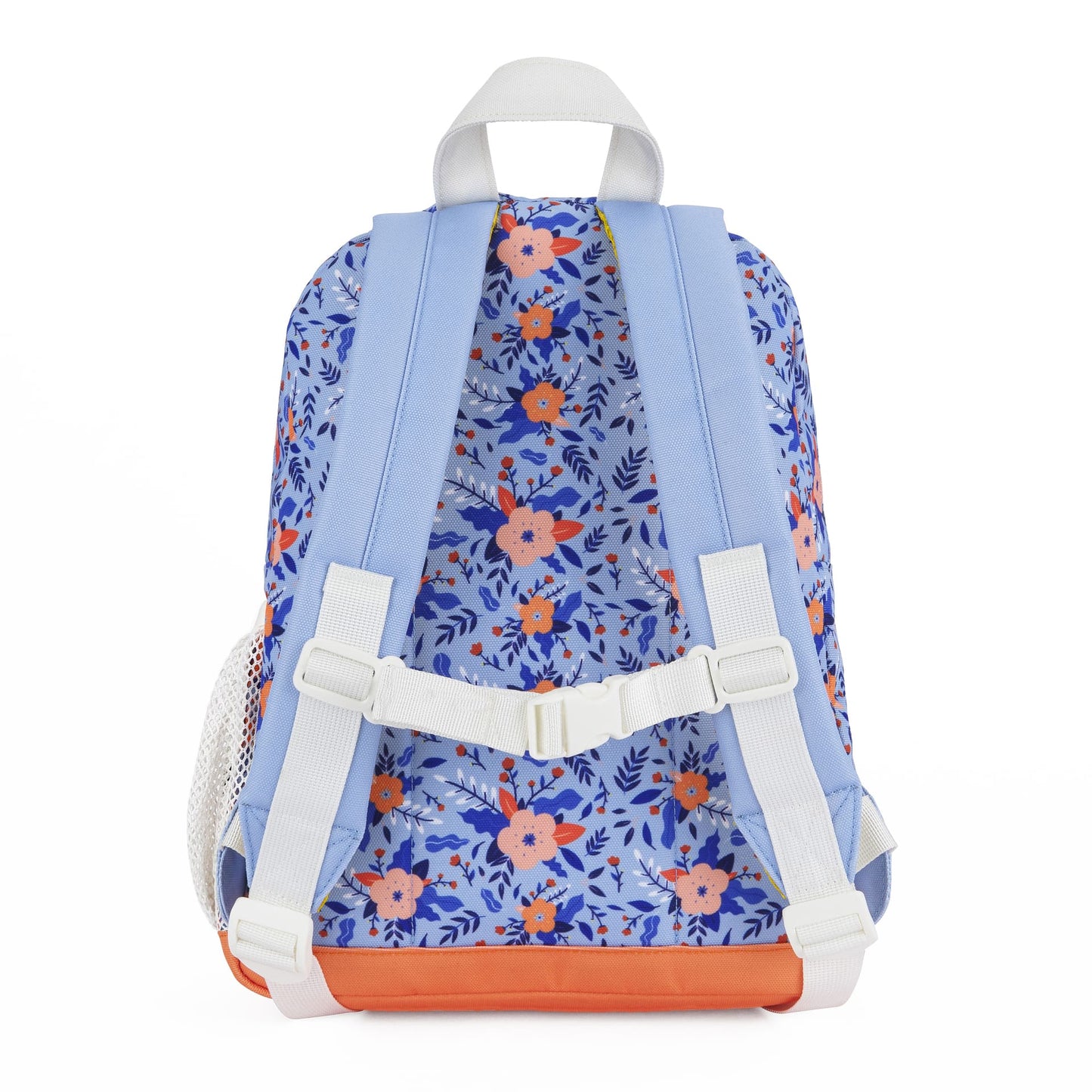 Sac à dos enfant bleu motif fleurs bretelles blanches base orange Hello Hossy