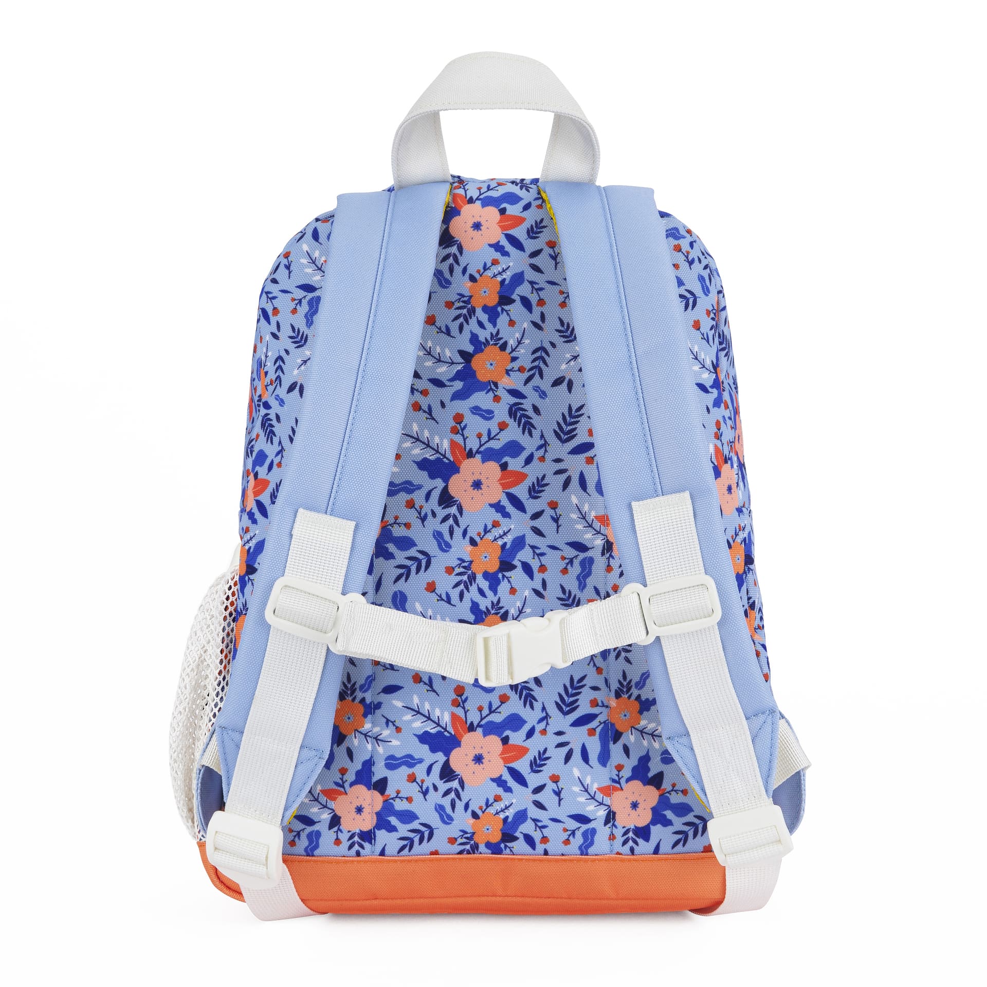 Sac à dos enfant bleu motif fleurs bretelles blanches base orange Hello Hossy