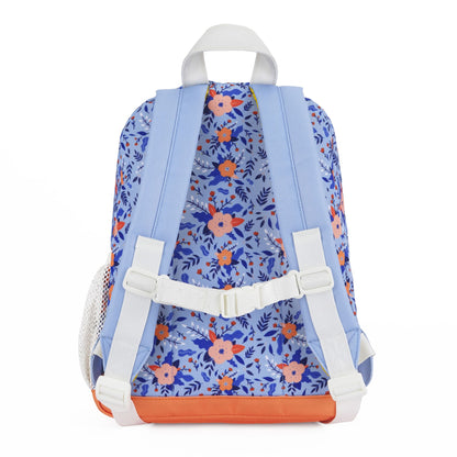 Sac à dos enfant bleu motif fleurs bretelles blanches base orange Hello Hossy