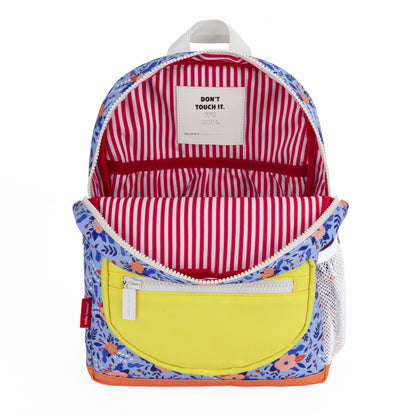 Sac à dos enfant bleu motif fleurs poche jaune rayures intérieures Hello Hossy