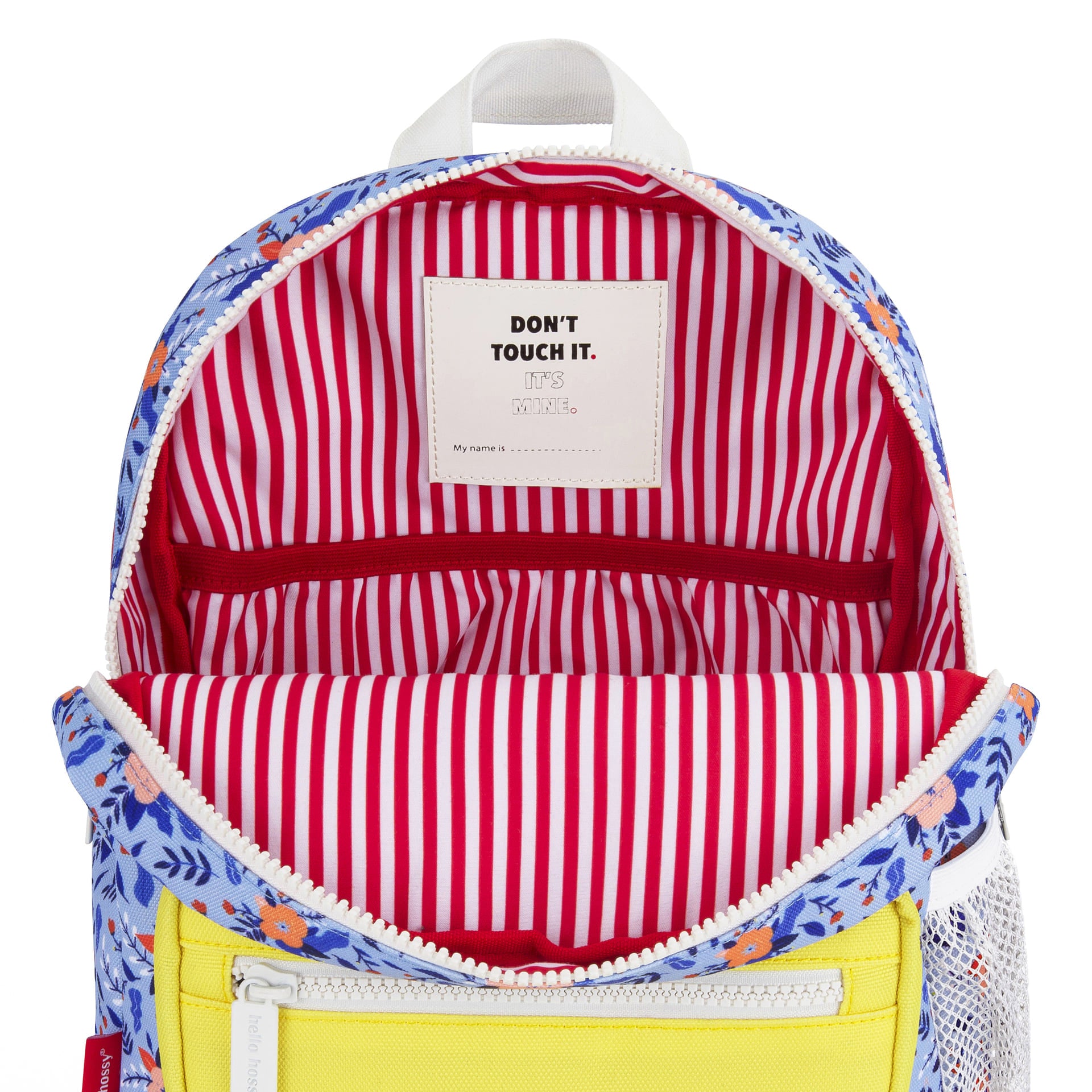 Sac à dos enfant bleu motif fleurs intérieur rayé rouge blanc poche jaune Hello Hossy