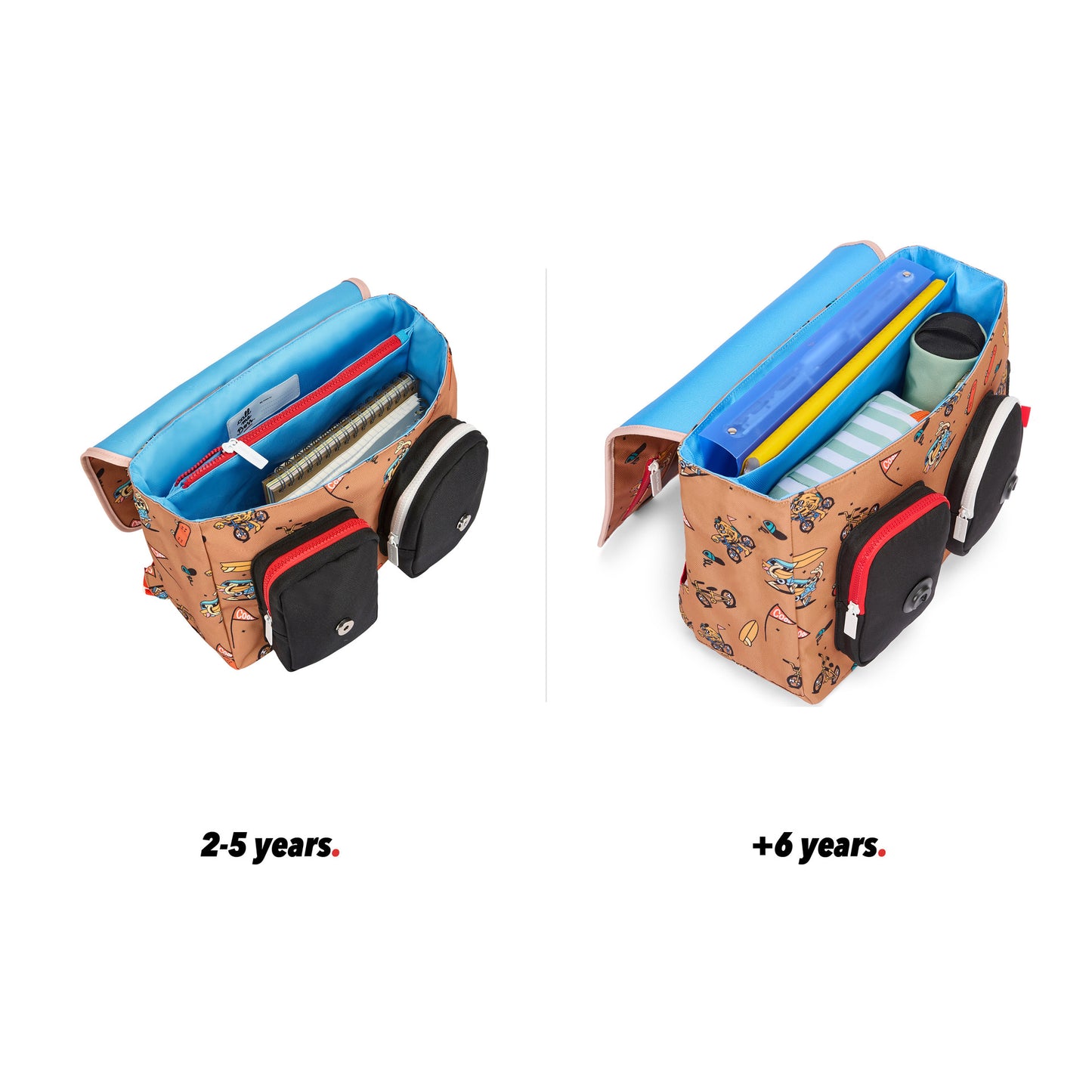 Schultasche Kind braun mascots Fahrrad aufdrucke geöffnet Größenvergleich 2 Größen Hello Hossy