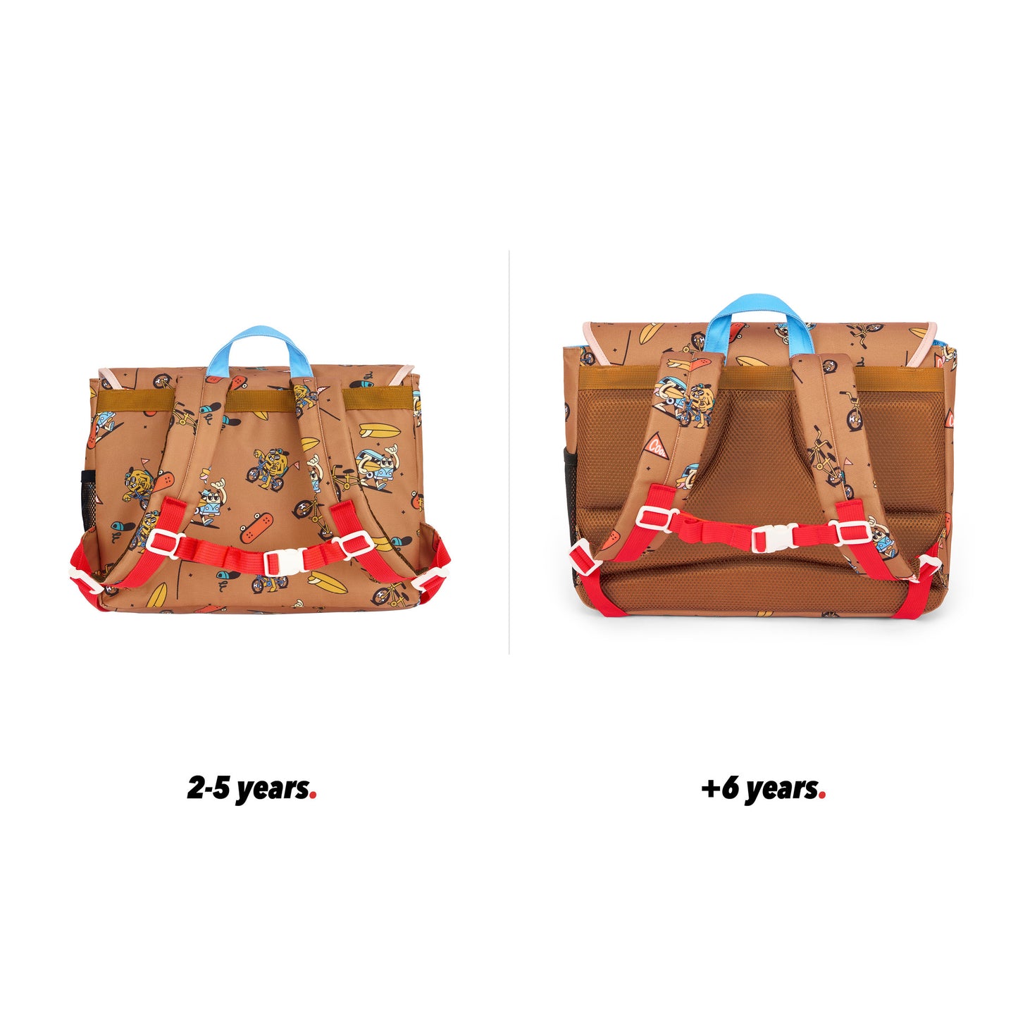 Schultasche Kind braun mascots Fahrrad aufdrucke Rückenansicht Größenvergleich 2 Größen Hello Hossy