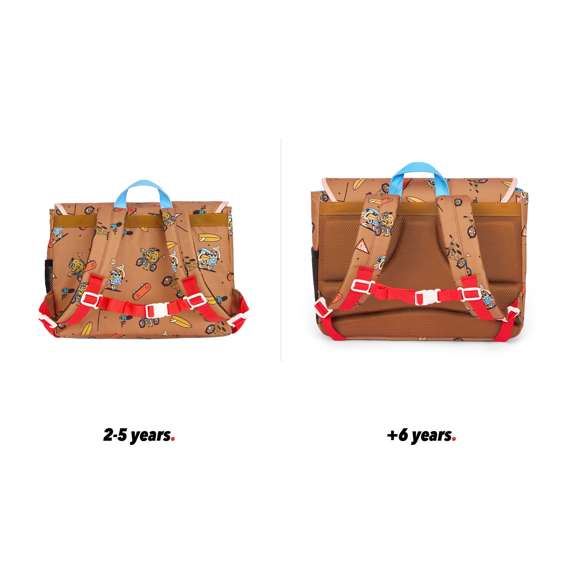 Schultasche Kind braun mascots Fahrrad aufdrucke Rückenansicht Größenvergleich 2 Größen Hello Hossy
