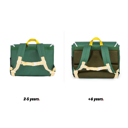 Rucksack Kind grün Vordertasche braun Rückenansicht Größenvergleich 2 Größen Hello Hossy