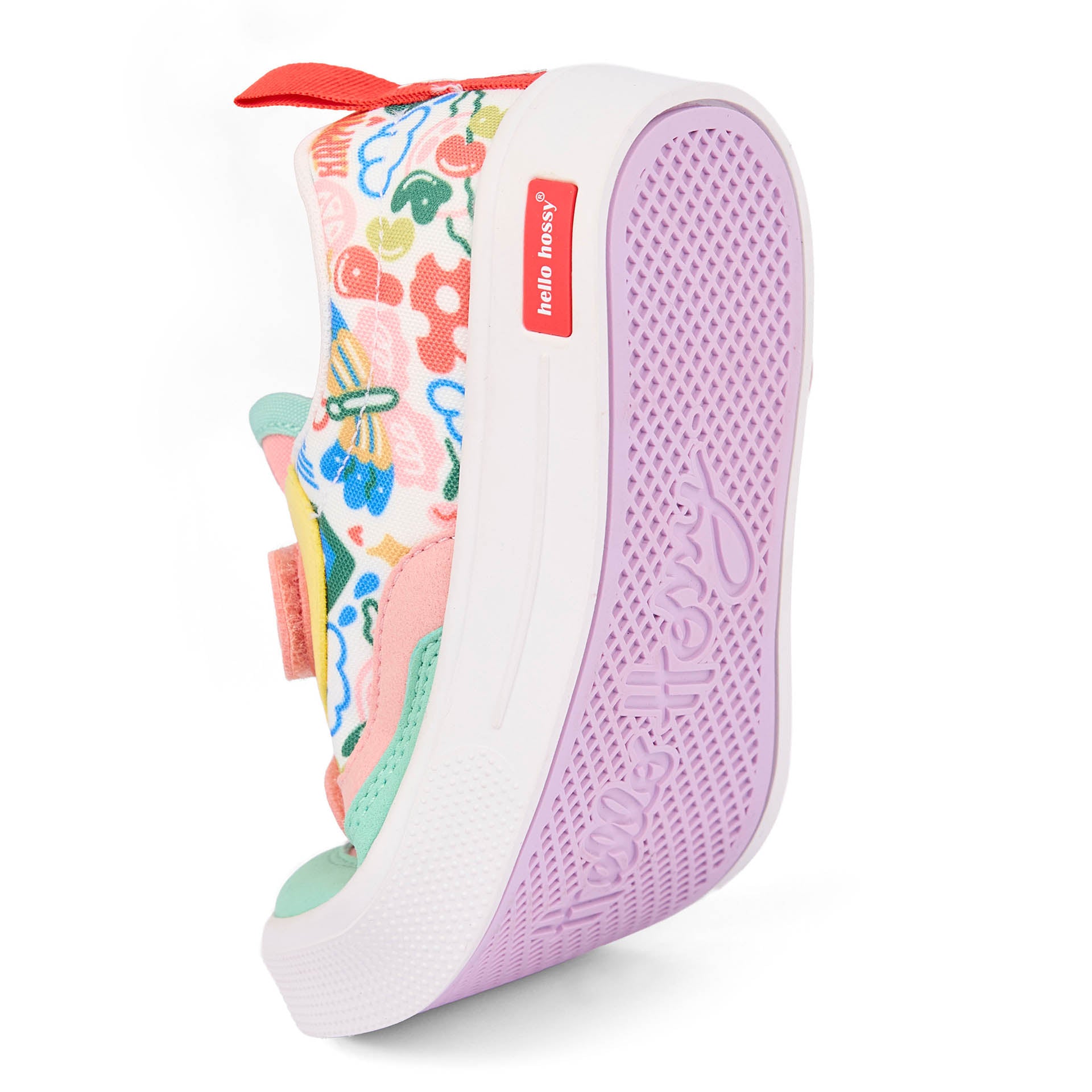 Kinder-Sneakers Rosa Grün Blumen-Kunst-Aufdruck Violett weiche Sohle Hello Hossy