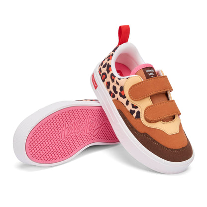 Sneakers enfant crème marron imprimé léopard double velcro Hello Hossy