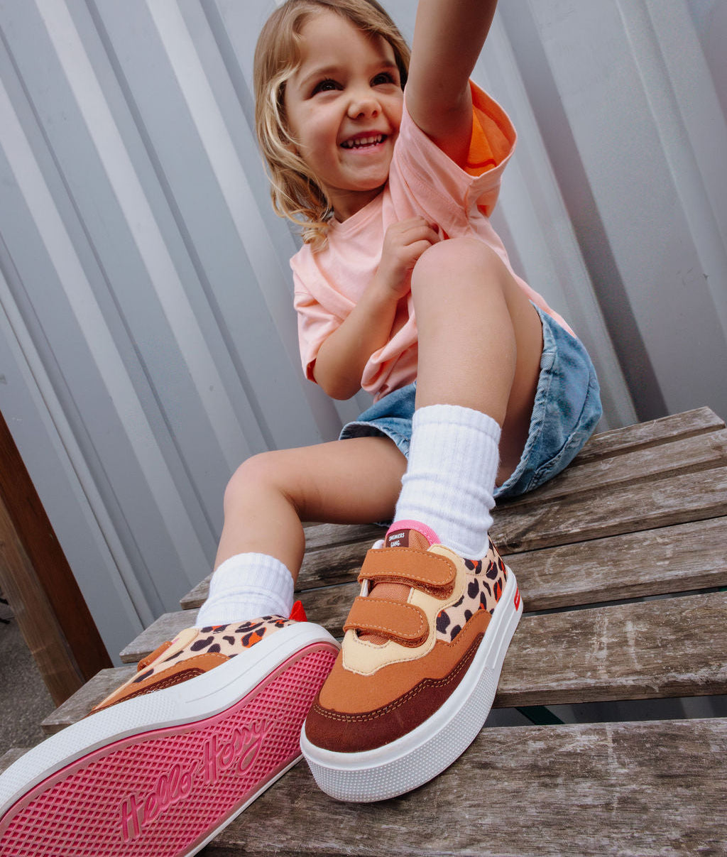 Sneakers enfant crème marron imprimé léopard double velcro Hello Hossy