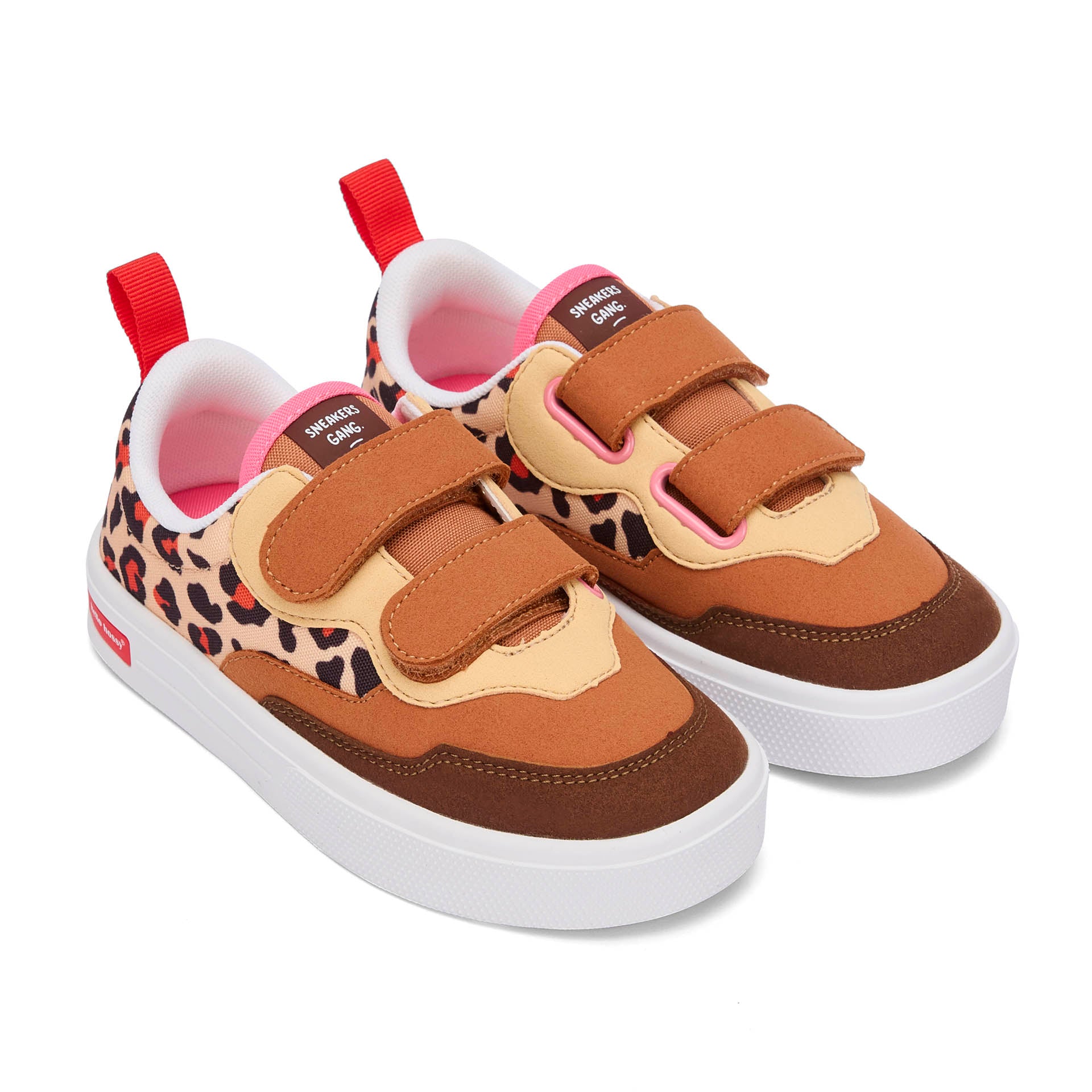 Sneakers enfant crème marron imprimé léopard double bandes velcro Hello Hossy