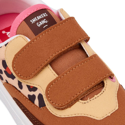 Sneakers enfant crème marron imprimé léopard double velcro Hello Hossy