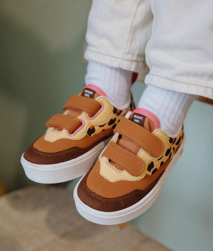 Sneakers enfant crème marron imprimé léopard double velcro Hello Hossy