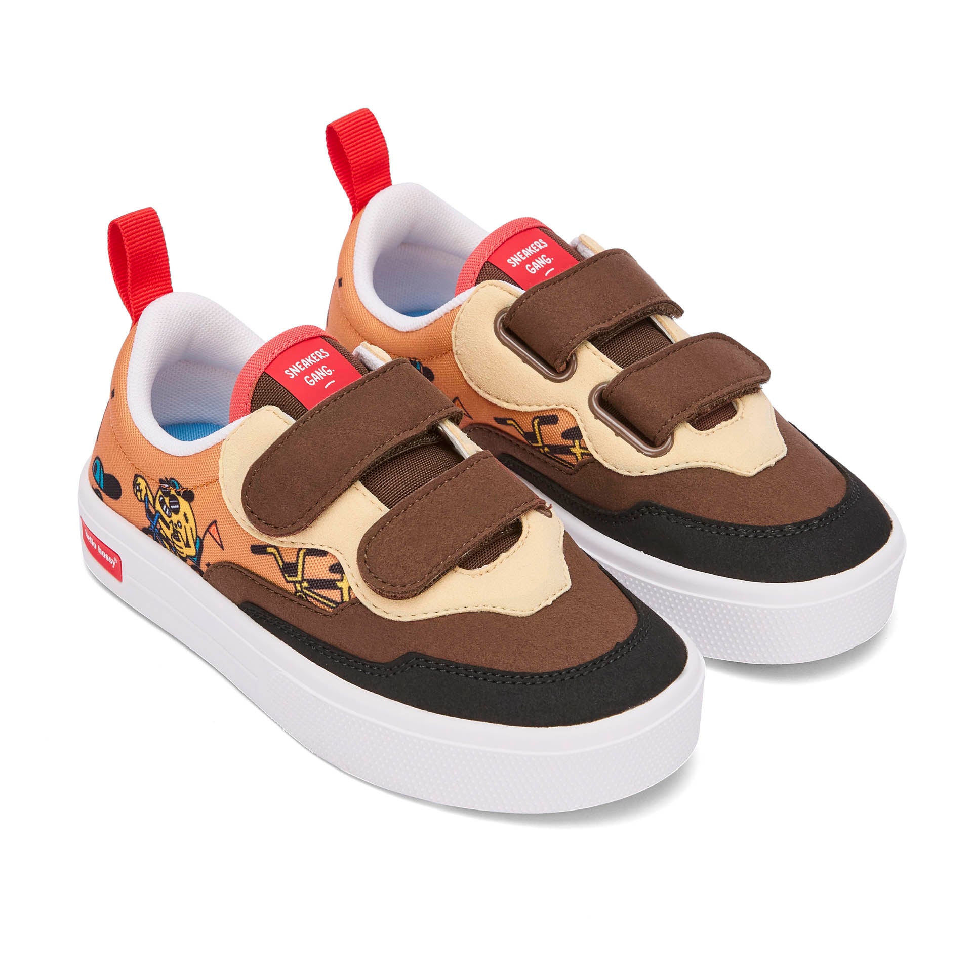 Kinder-Sneakers Braun Schwarz Mascots-Fahrrad-Aufdruck Klettverschluss Hello Hossy