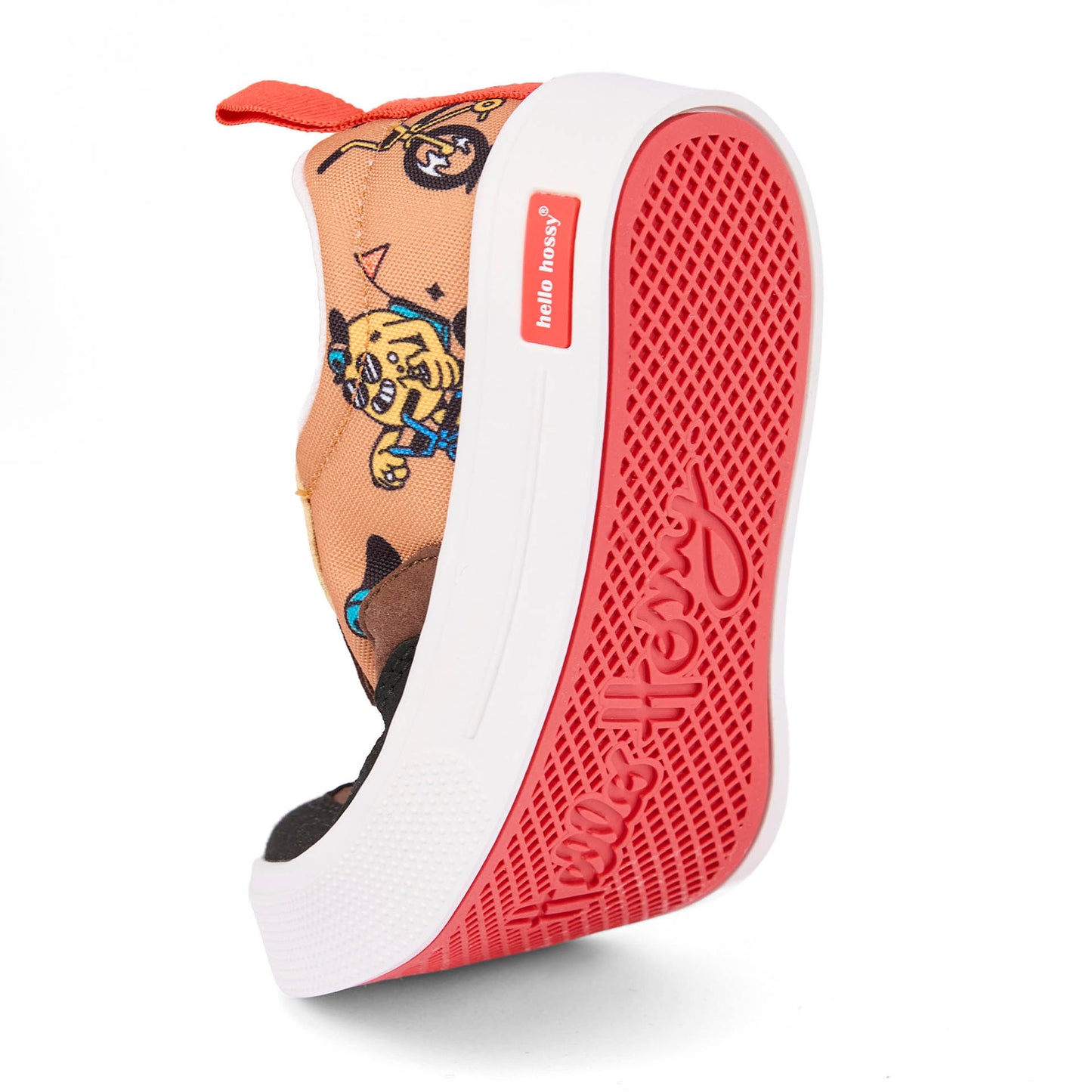 Kinder-Sneakers Braun Schwarz Mascots-Fahrrad-Aufdruck rote weiche Sohle Hello Hossy