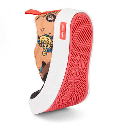 Kinder-Sneakers Braun Schwarz Mascots-Fahrrad-Aufdruck rote weiche Sohle Hello Hossy