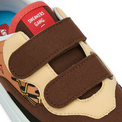 Kindersneakers Braun Beige Mascots Fahrrad Motiv doppelte Klettverschlüsse Hello Hossy