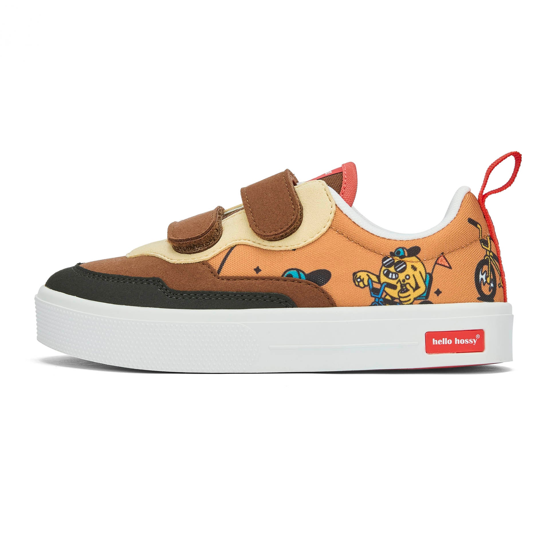 Kindersneakers Braun Beige Mascots Fahrrad Motiv doppelte Klettverschlüsse Hello Hossy