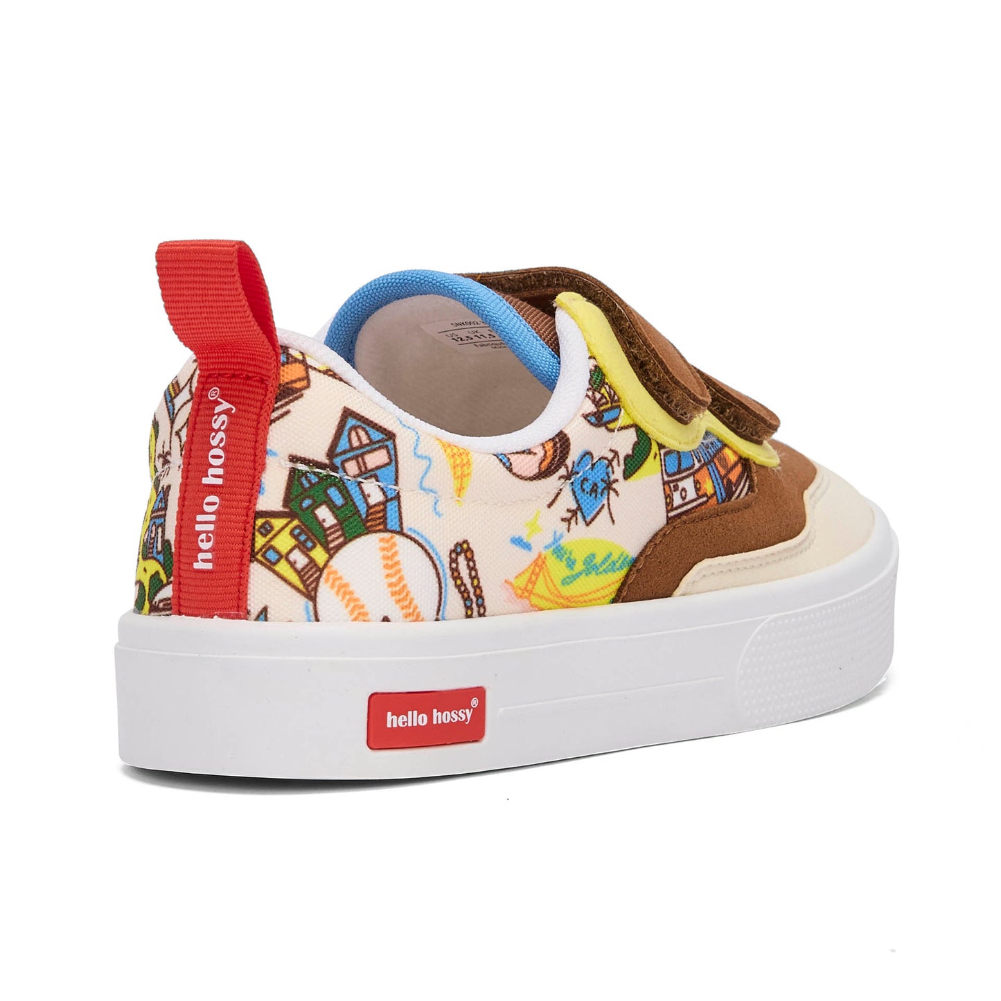 Kinder-Sneakers Cremeweiß Braun USA-Reise-Aufdrucke Klettverschluss weiße Sohle Hello Hossy