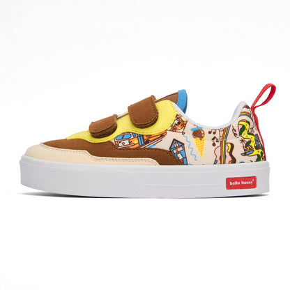 Kinder-Sneakers Cremeweiß Braun Reise-Aufdrucke Klettverschluss weiße Sohle Hello Hossy